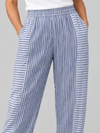 Cleona striped trousers in blue, close up of waistband and fabric