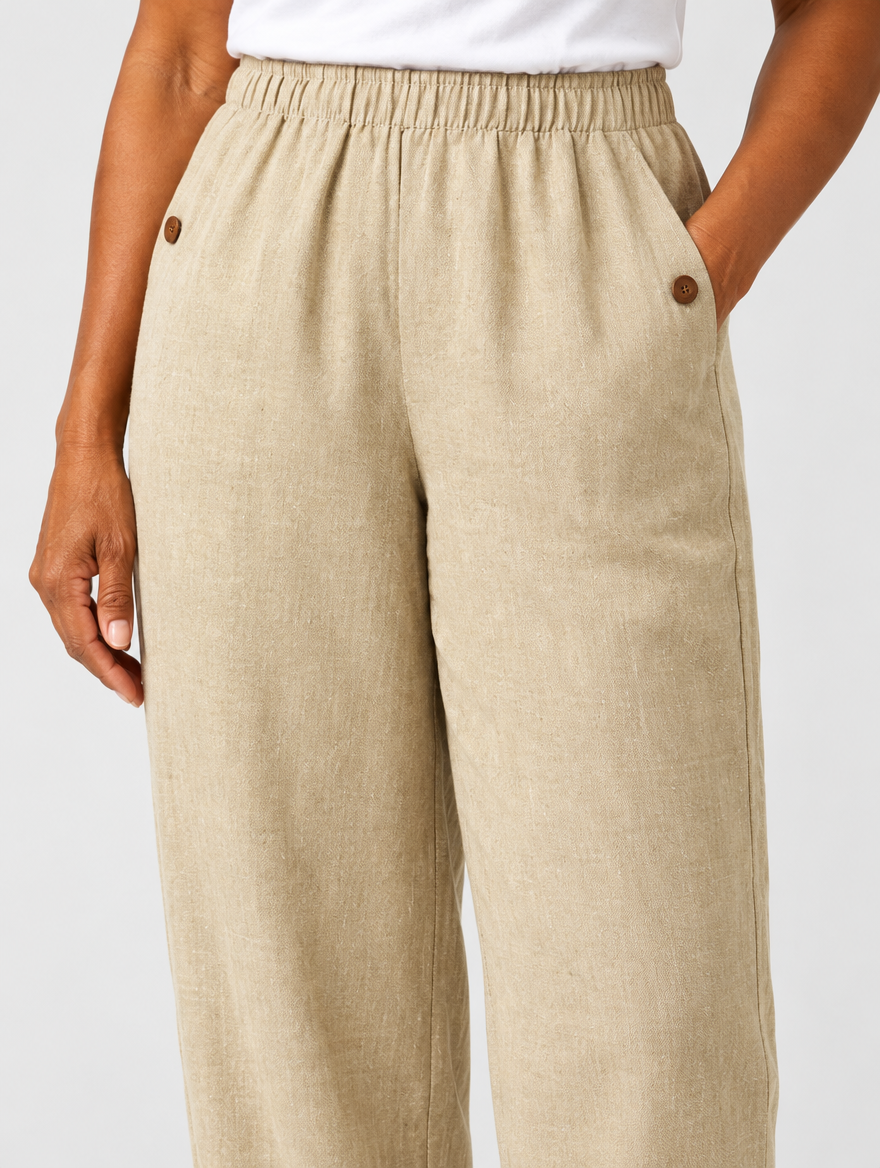 Ilona breathable trousers in beige, close up of waistband and fabric