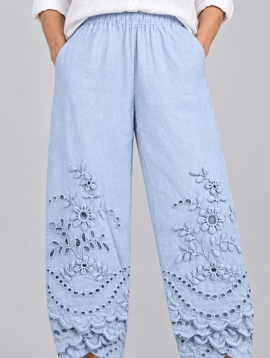 Lucetta lace pants in blue, close up of waistband and fabric