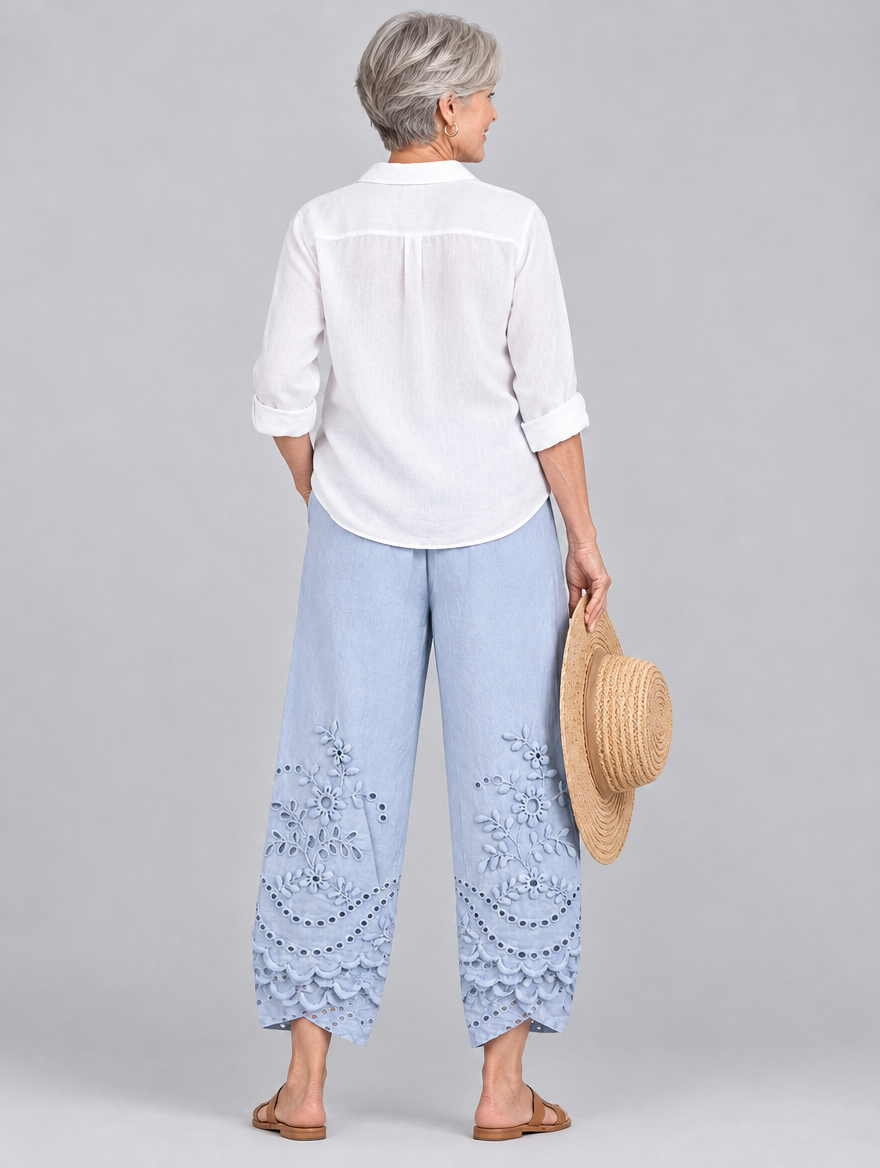 Lucetta lace pants in blue, back view