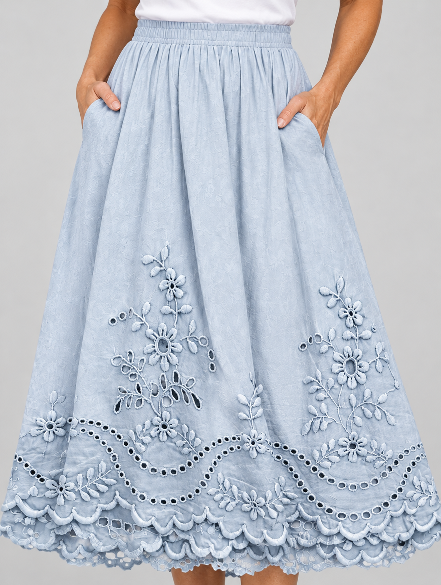 Ysolde boho skirt in blue, close up of waistband and fabric
