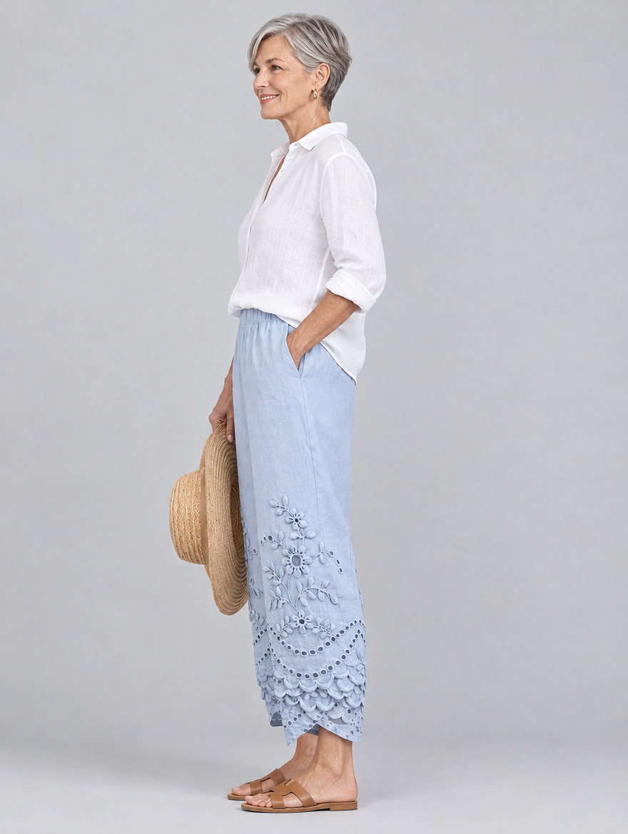 Lucetta lace pants in blue, side view