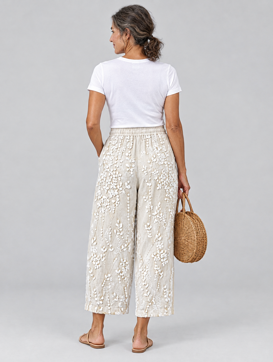Hyacinth vine printed trousers in beige, back view