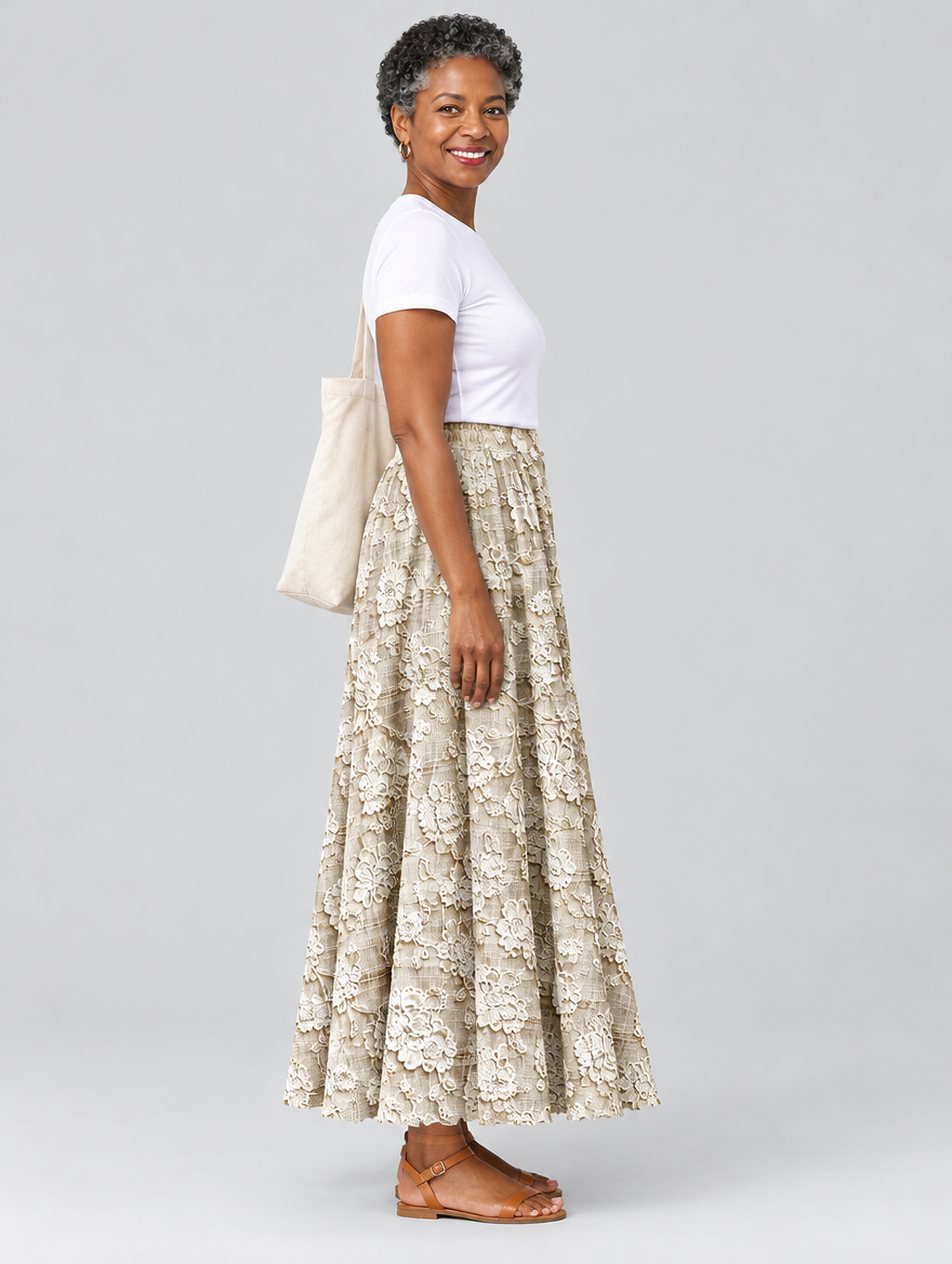 Ottavia lace print skirt in khaki, side view