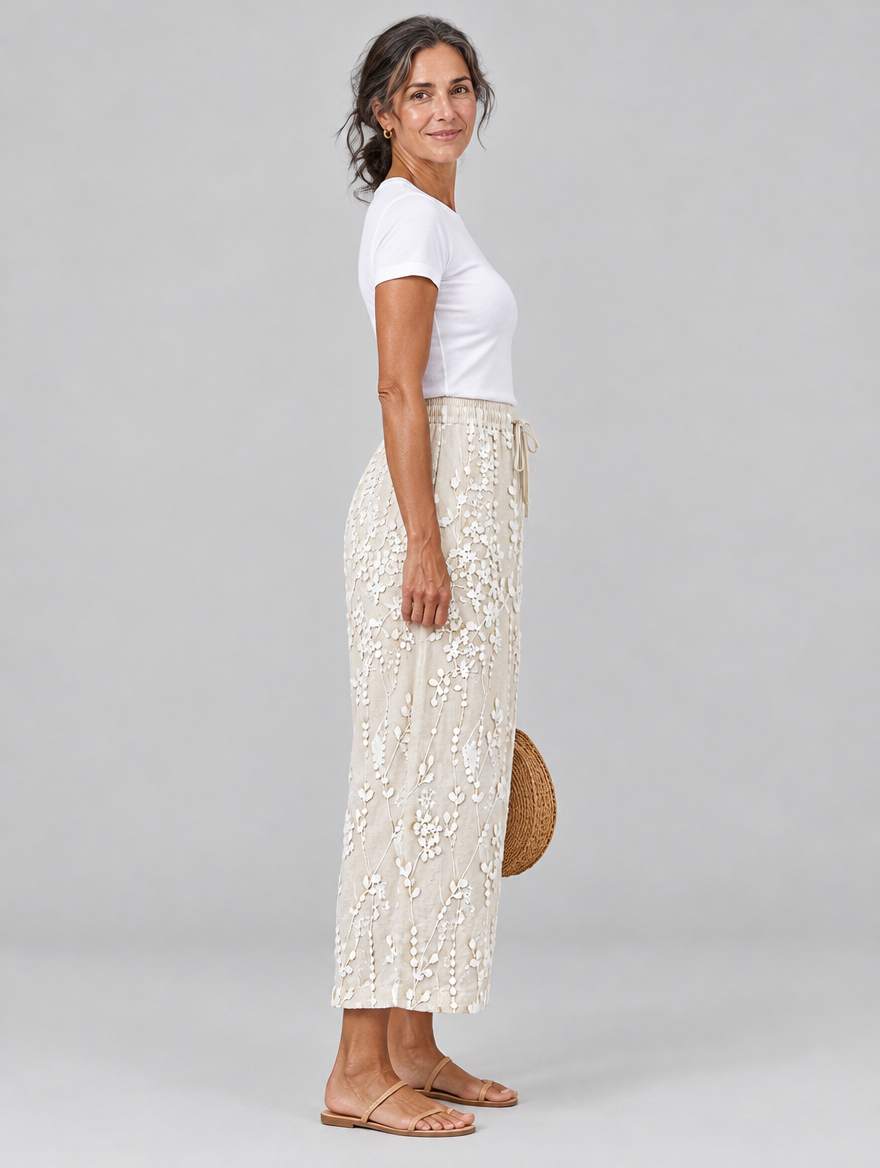 Hyacinth vine printed trousers in beige, side view