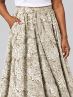 Ottavia lace print skirt in khaki, close up of waistband and fabric