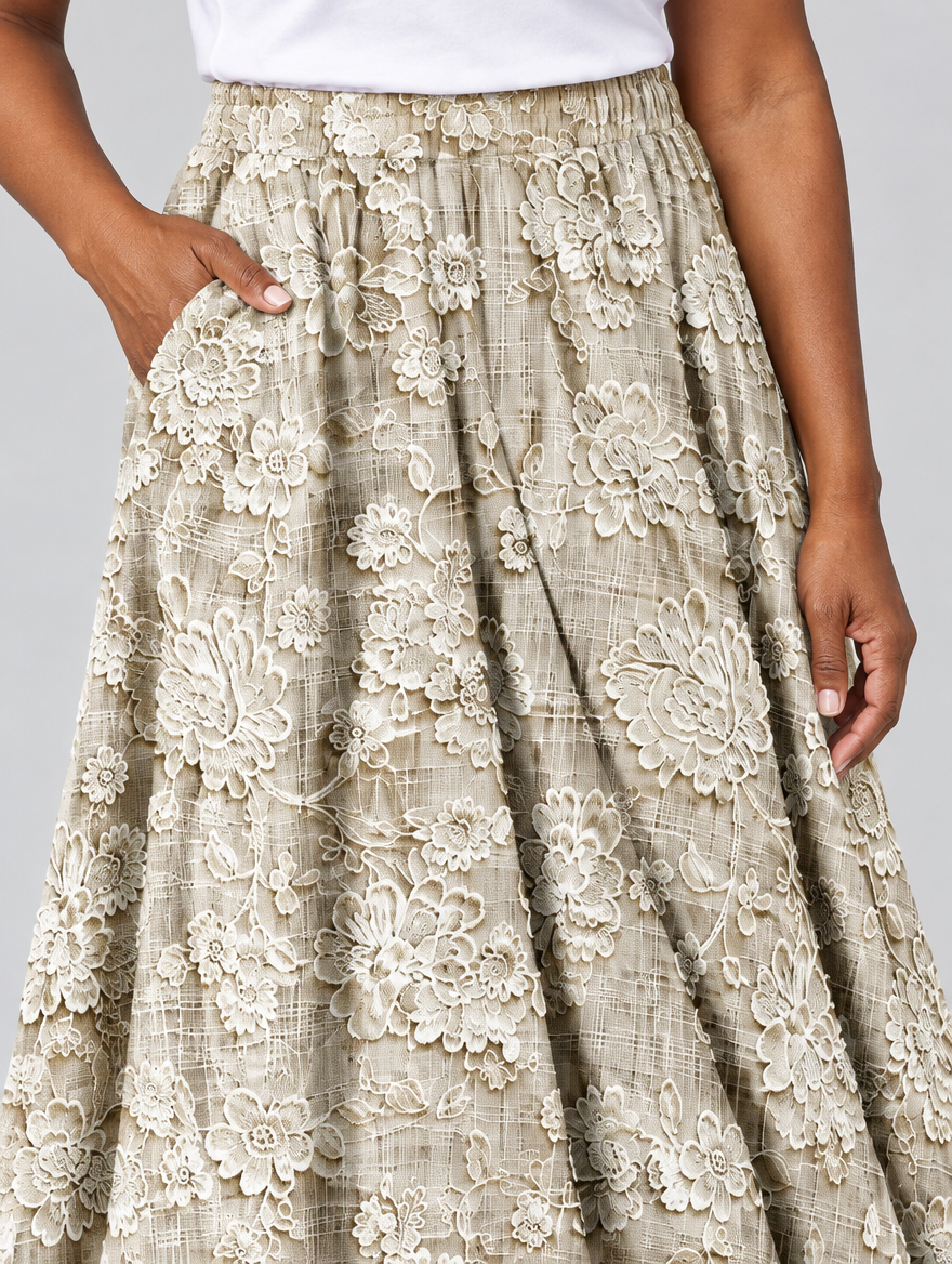 Ottavia lace print skirt in khaki, close up of waistband and fabric