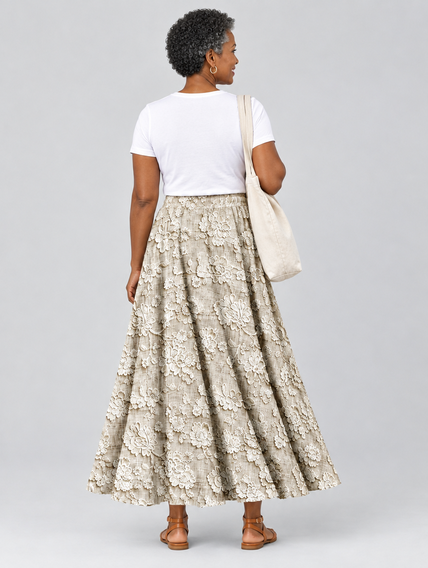 Ottavia lace print skirt in khaki, back view