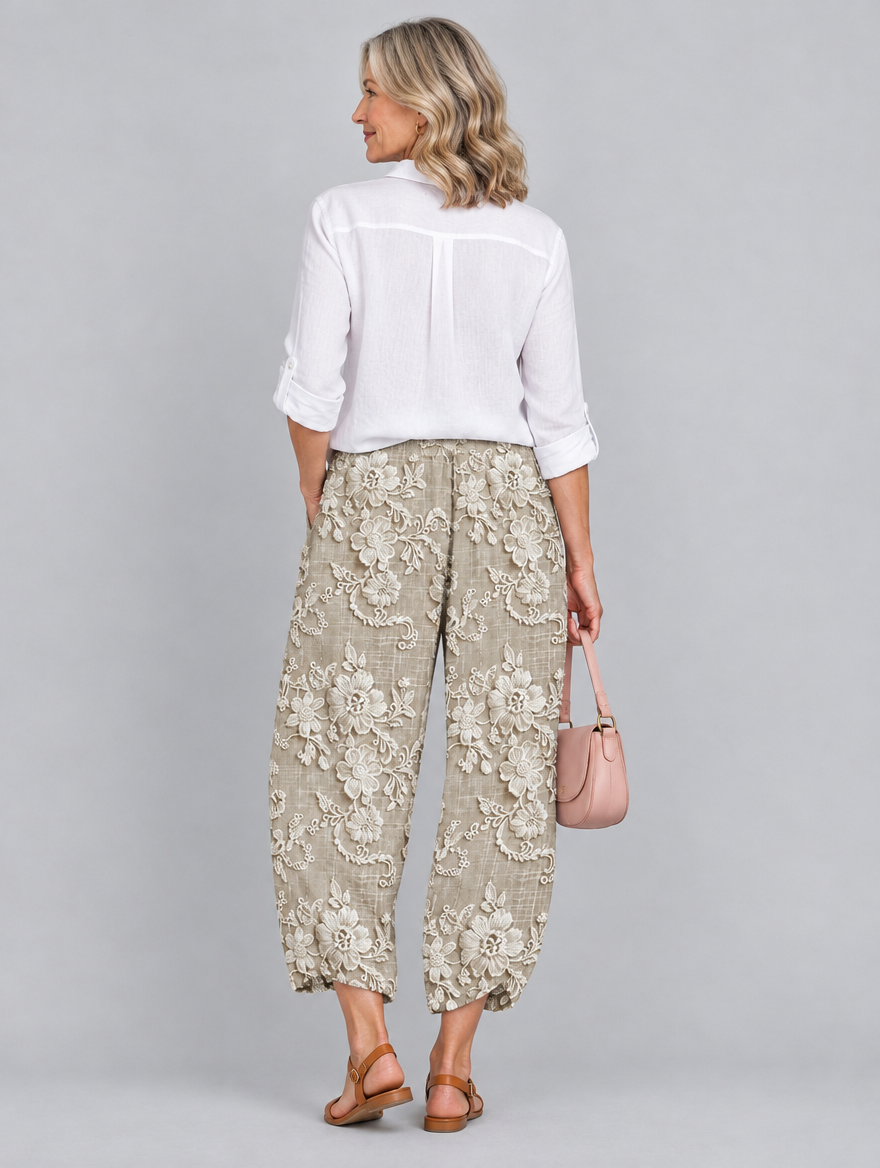 Maudie printed pants in khaki, back view