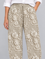 Maudie printed pants in khaki, close up of waistband and fabric