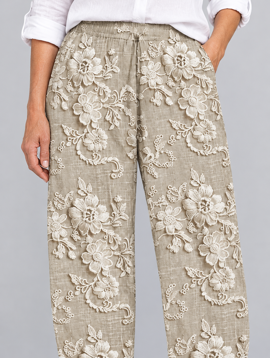 Maudie printed pants in khaki, close up of waistband and fabric