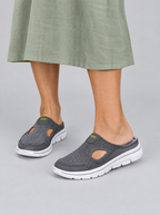 Kit sandals in grey, worn with a sage green linen dress