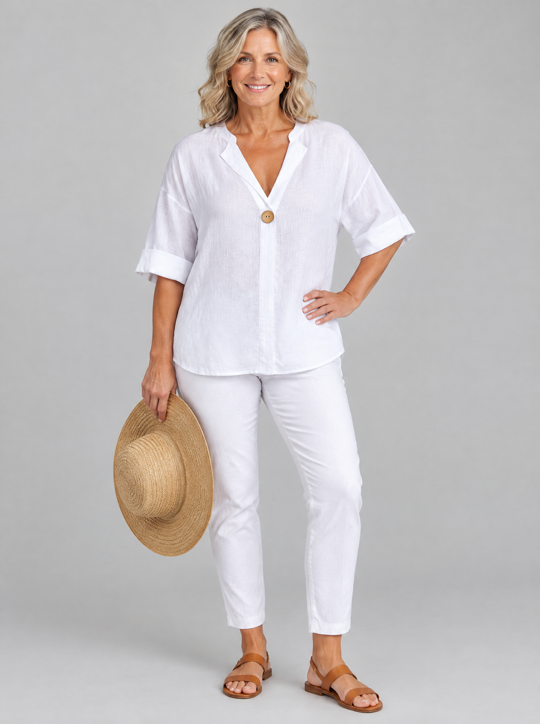 Zamma linen V neck top in white, front view