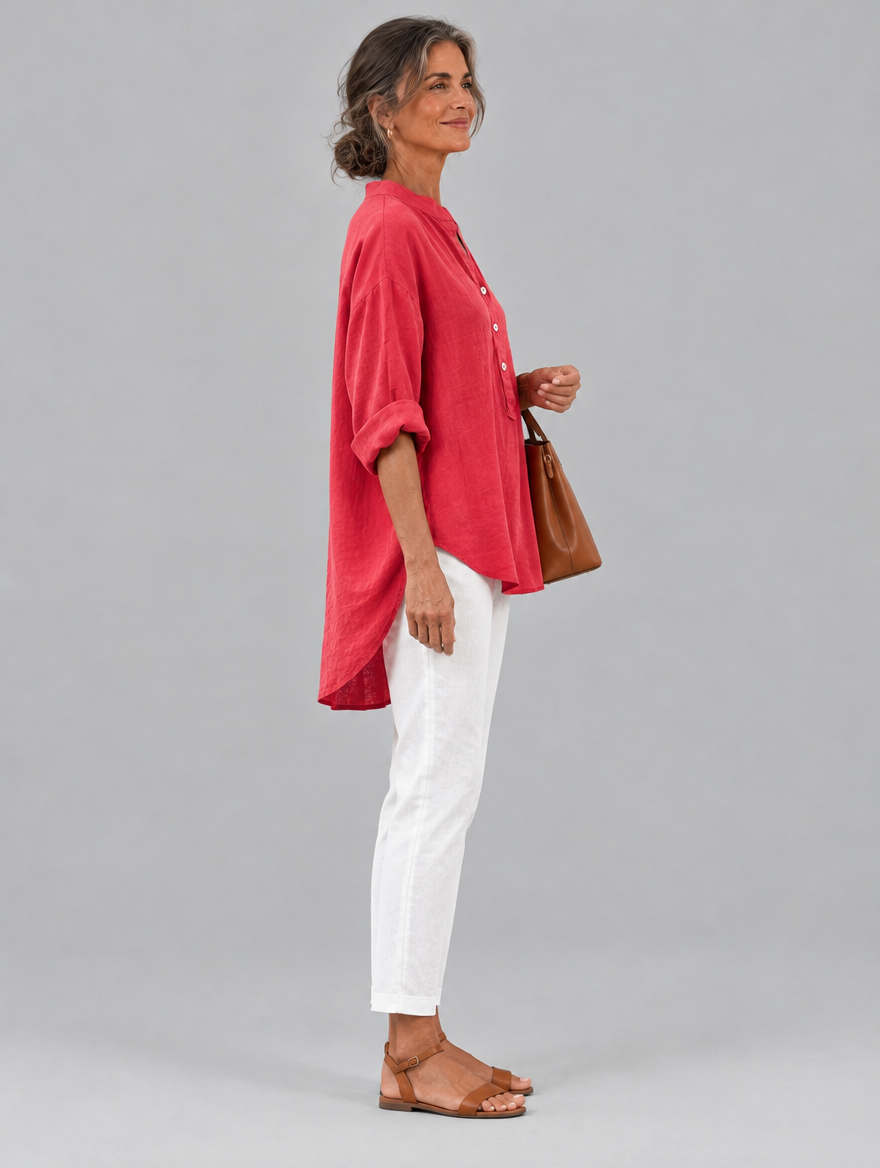 Vivi cotton linen blouse in watermelon pink, side view