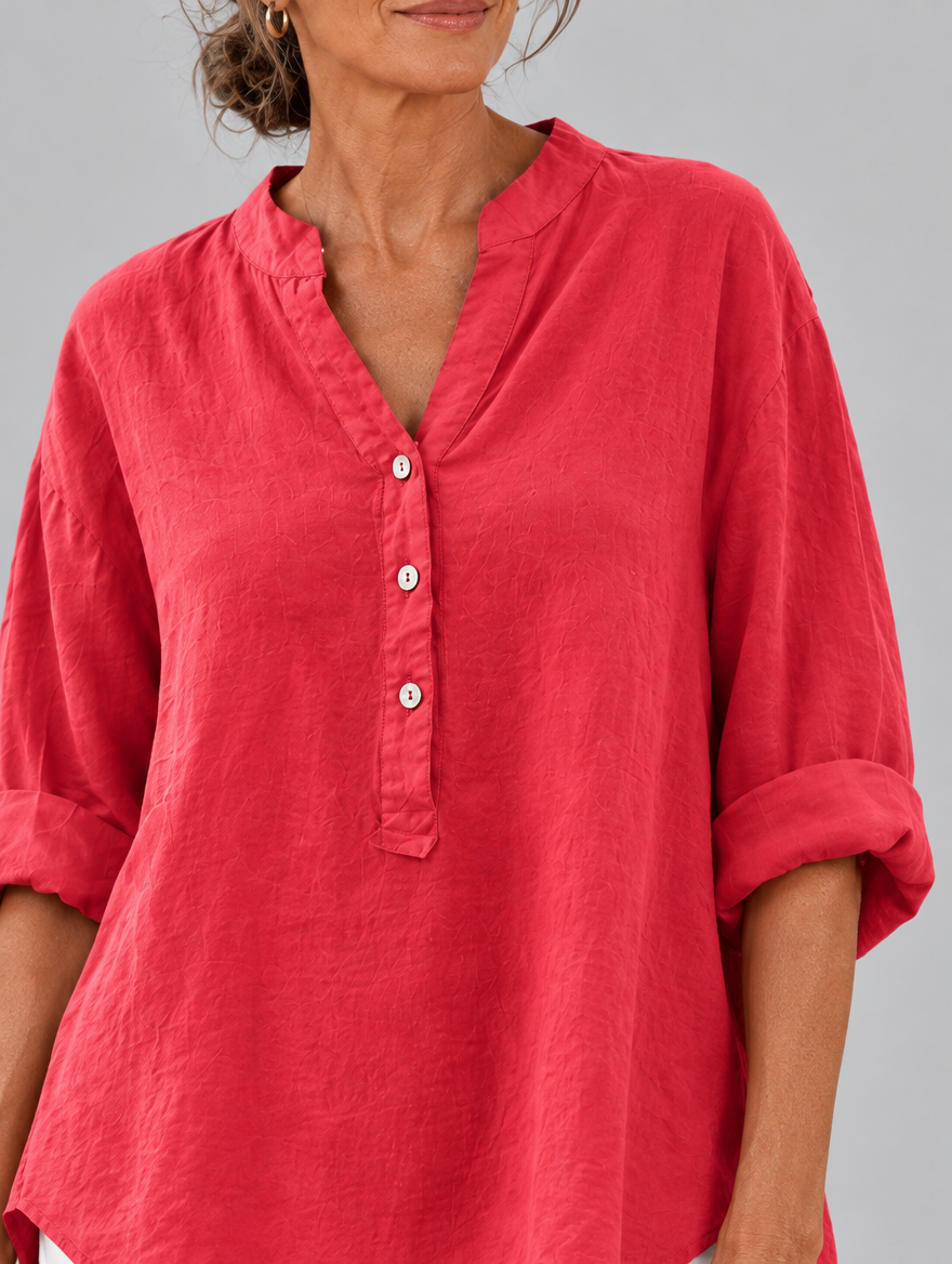 Vivi cotton linen blouse in watermelon pink, close up of neckline and button placket