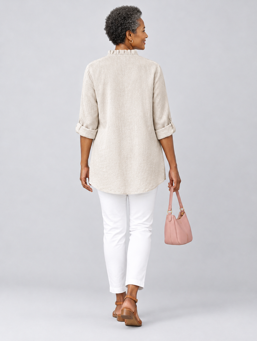 Ravenna ruffled linen blouse in beige, back view