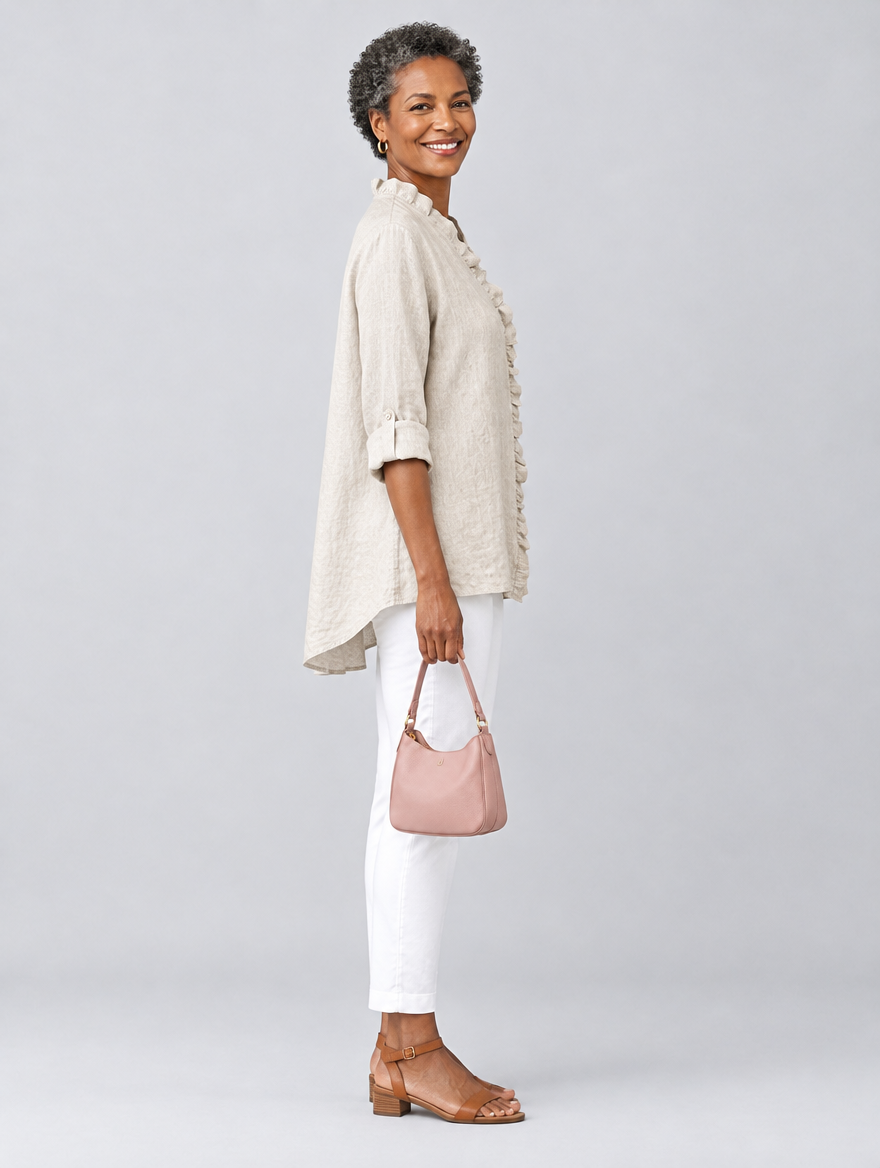 Ravenna ruffled linen blouse in beige, side view