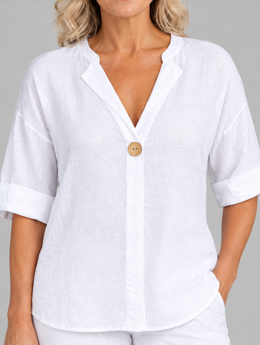 Niamh linen V neck top in white, close up of neckline and wooden button