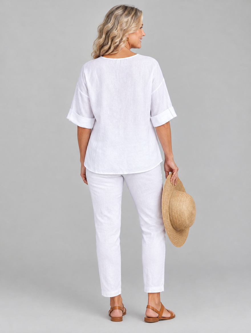 Niamh linen V neck top in white, back view