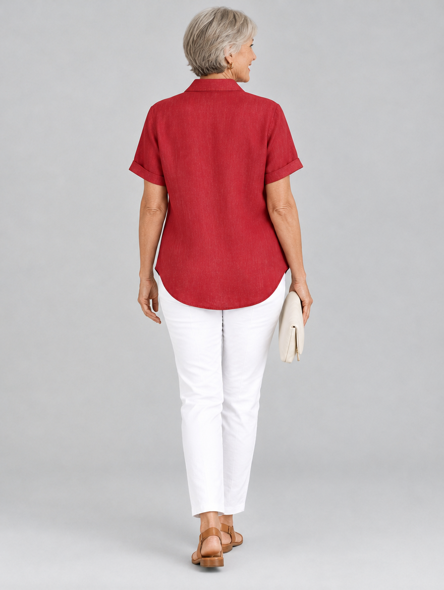 Thessaly linen button up shirt in red, back view