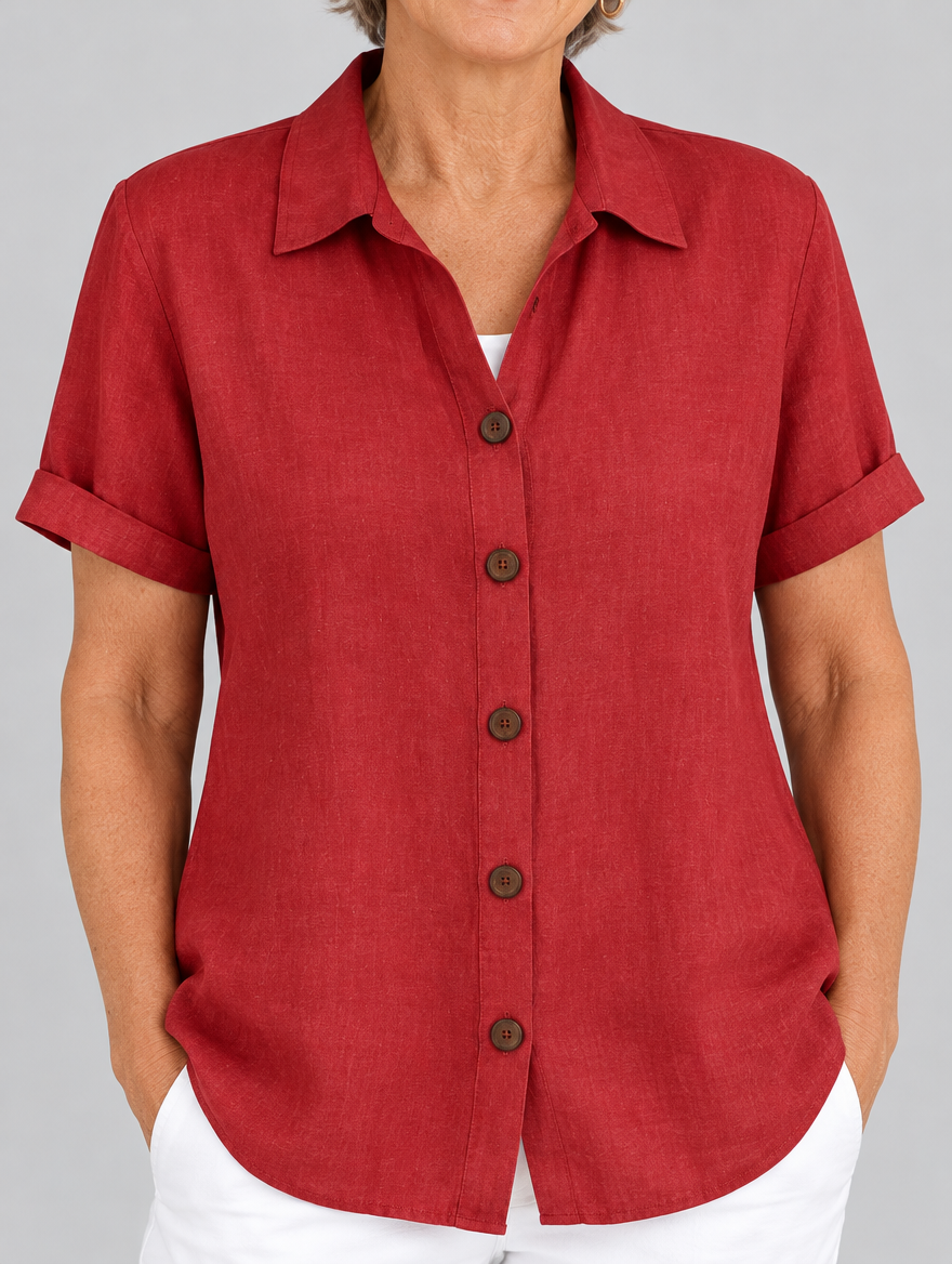 Aurelia linen button up shirt in red, close up of collar and buttons