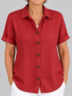 Thessaly linen button up shirt in red, close up of collar and buttons