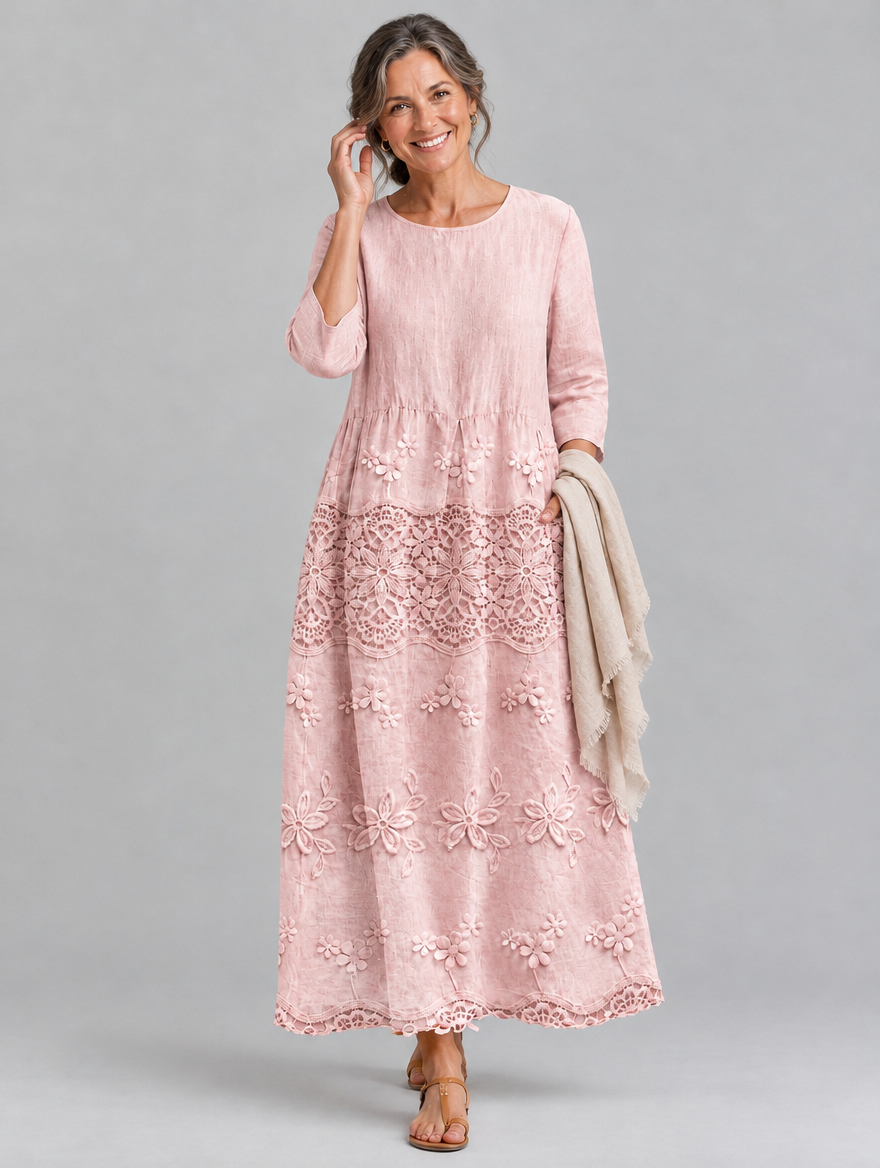 Lorinda lace maxi dress in pink, front view