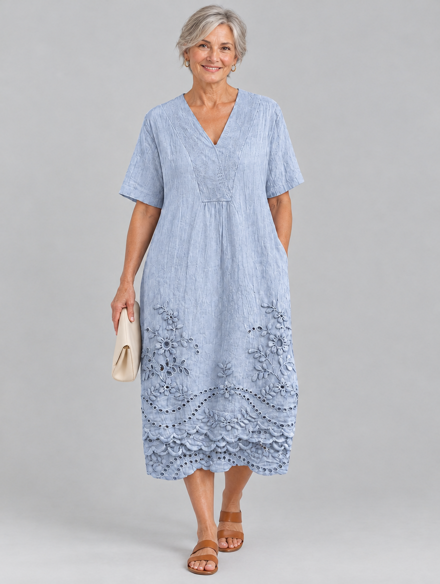Filippa eyelet midi dress in blue, front view