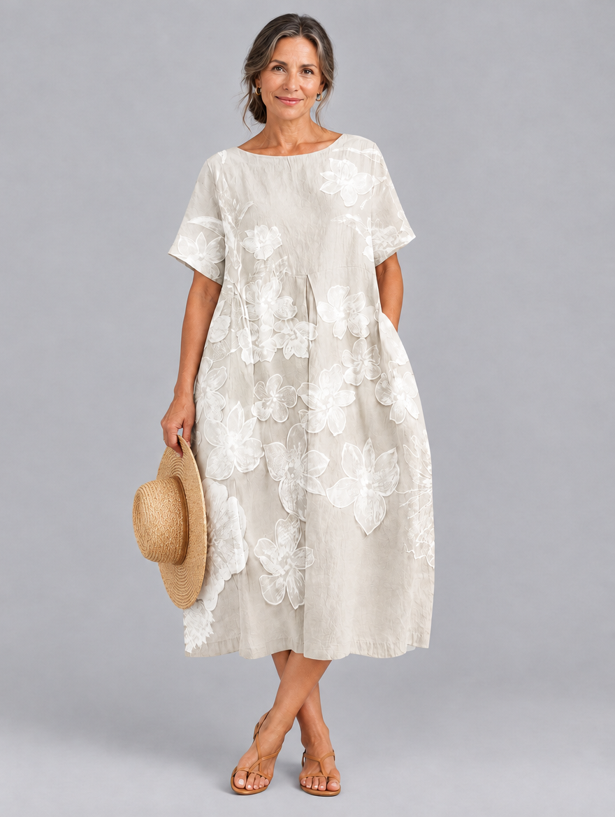 Hesper printed dress in beige, front view