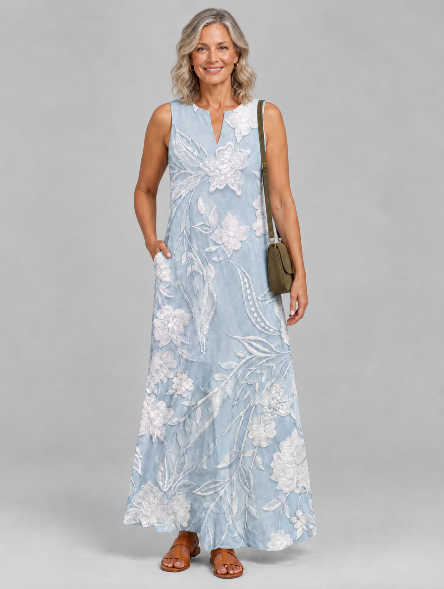 Valetta printed dress in blue, front view