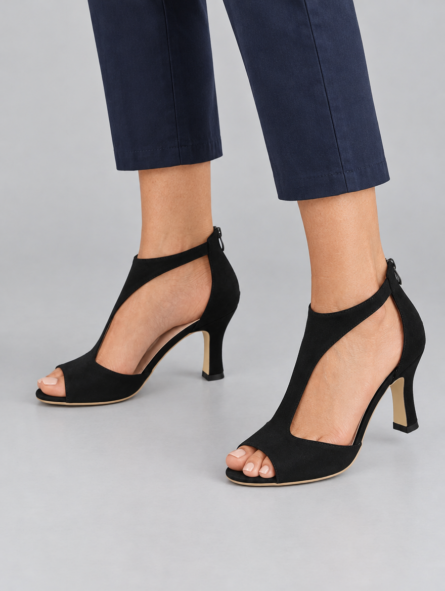 Undine Open Toe Mid Heel Sandals in Black