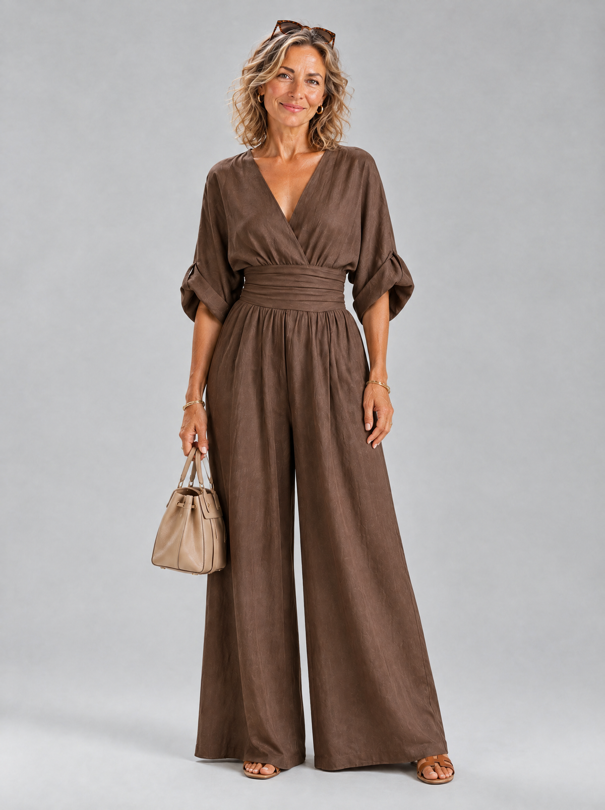 Vivienne jumpsuit in Brown, front view
