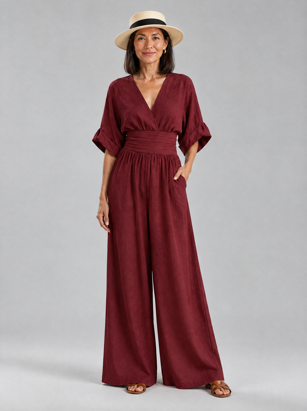 Vivienne jumpsuit in Burgundy, front view